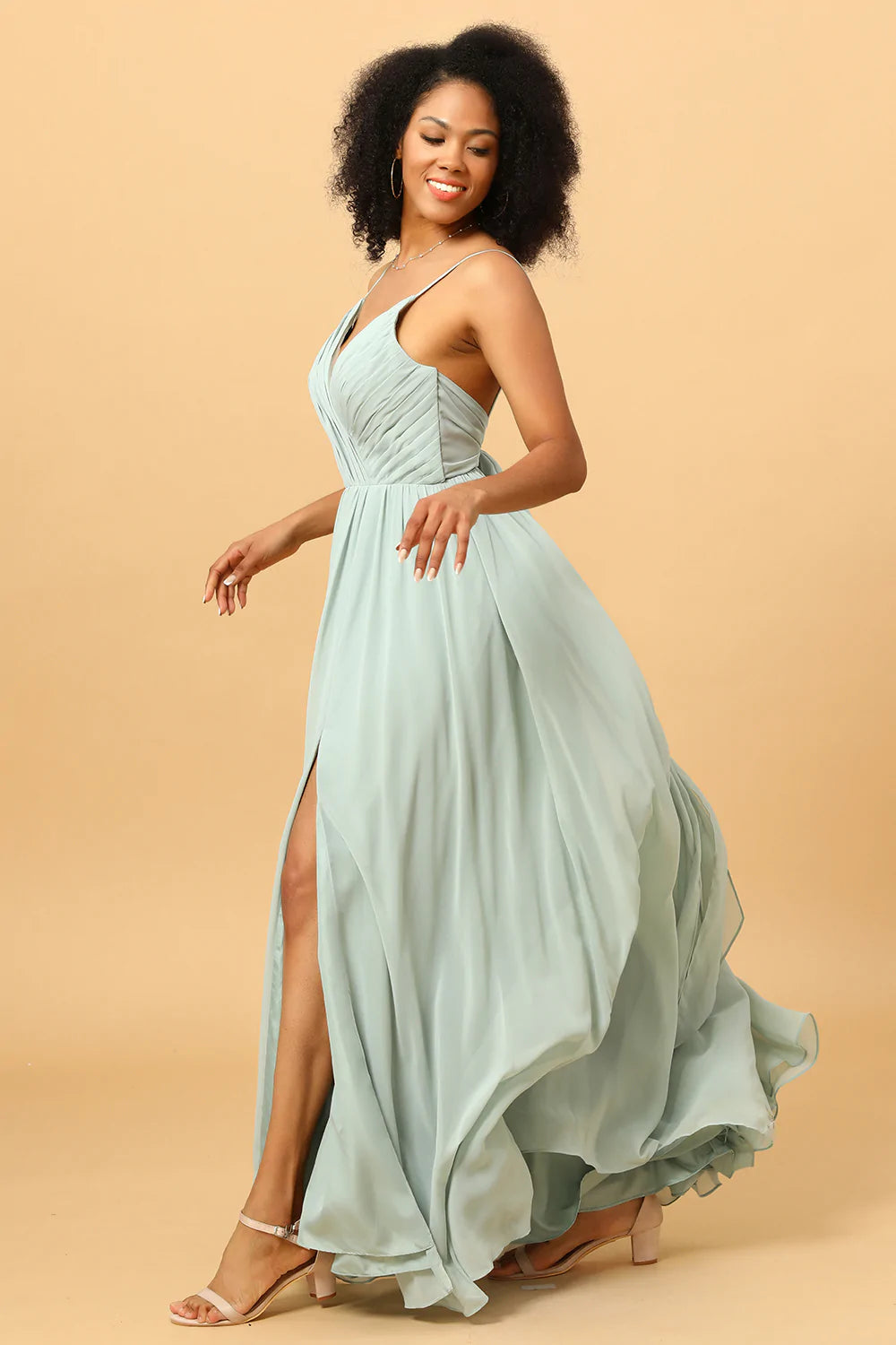 Mint Green A-Line Ruched Chiffong Bridesmaid Klänning