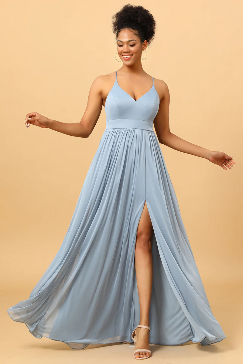 Zapaka Women Dusty Blue A Line Long Chiffon Bridesmaid Dress med
