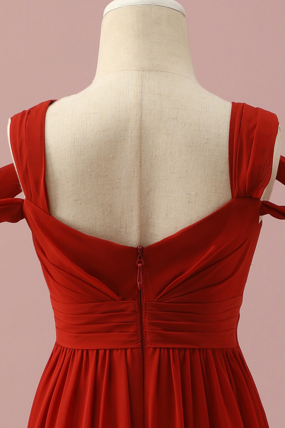 Röd chiffong kall axel junior brudtärna klänning