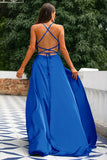 Royal Blue A-linje Spaghetti Straps Backless Lång Satin Balklänning med slits