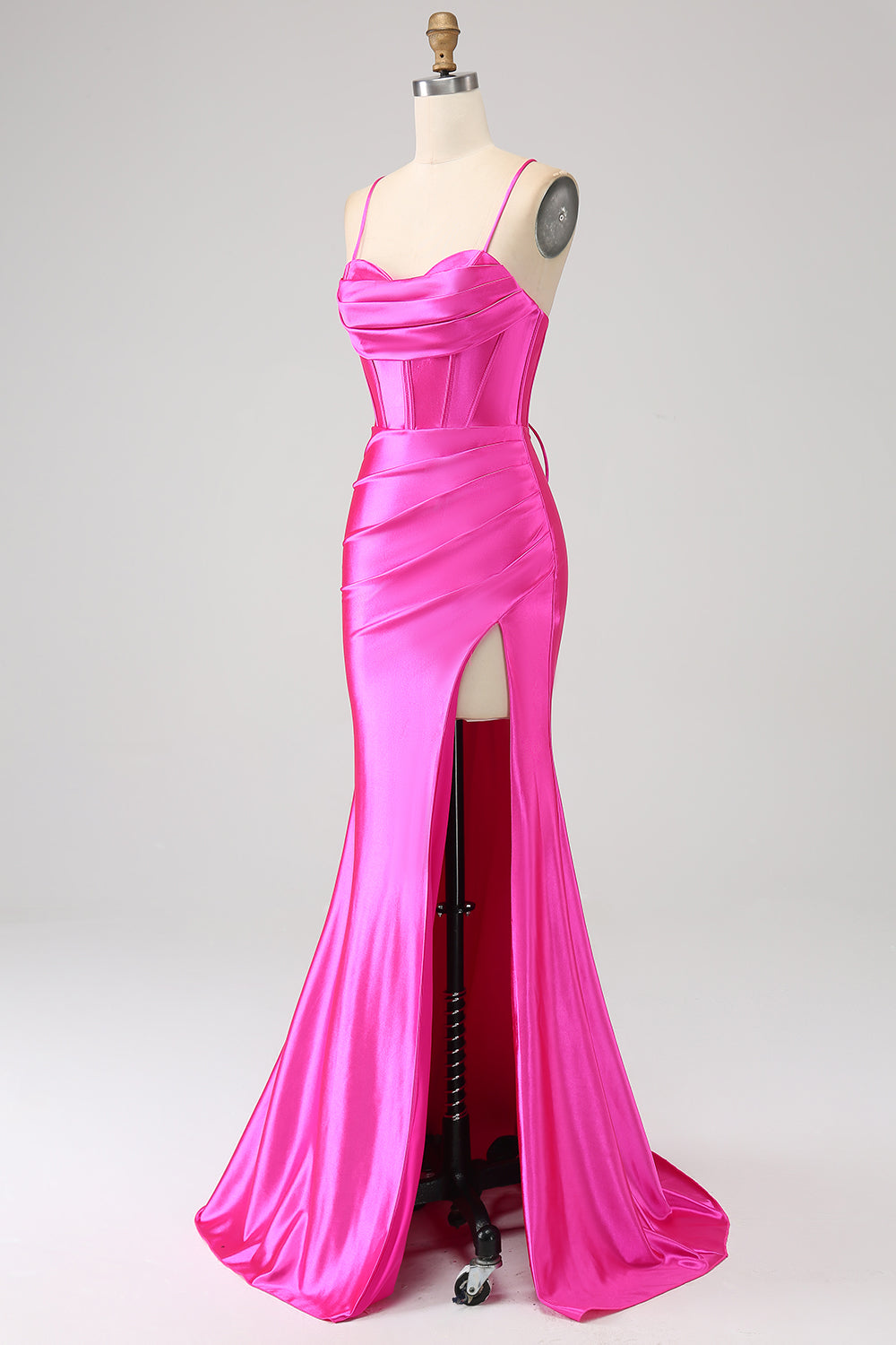 Häpnadsväckande sjöjungfru spaghetti remmar Fuchsia korsett balklänning med delad front
