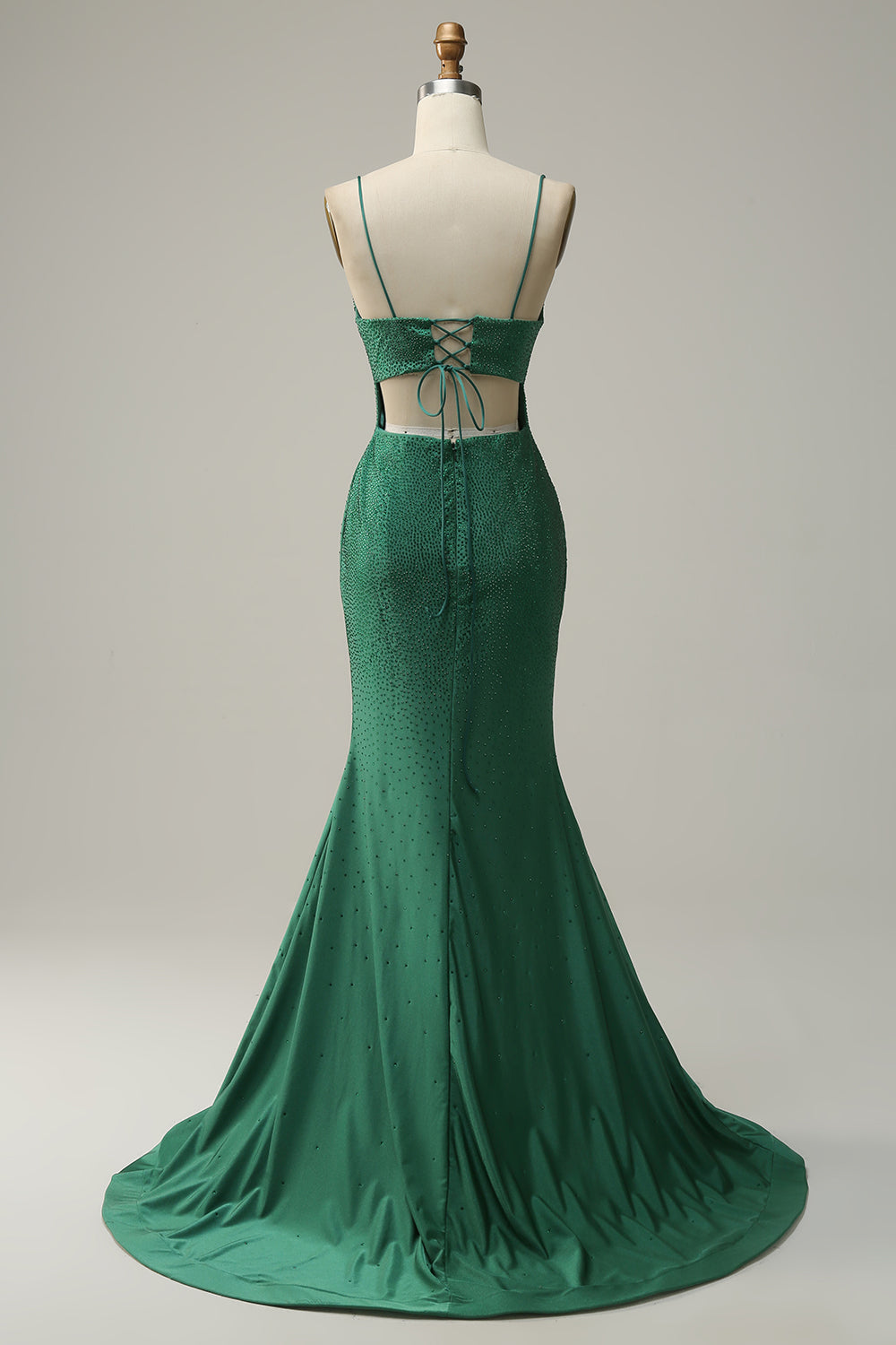Mermaid Spaghetti Straps Mörkgrön Lång Balklänning med pärlor