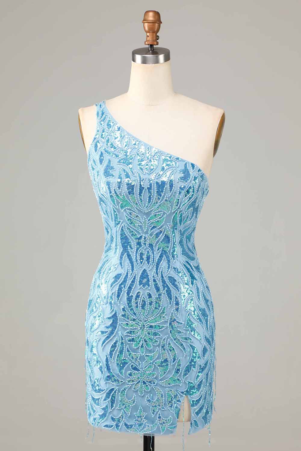 Mantel En axel Blå paljetter Kort Homecoming Klänning med tofs