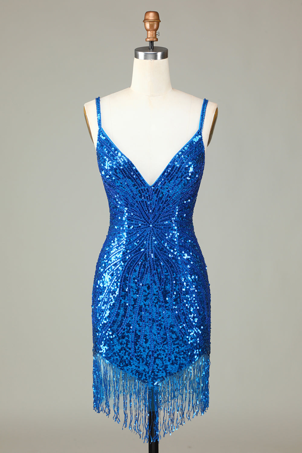 Sparkly Bodycon Spaghetti Straps Blå paljetter Kort Homecoming Klänning med tofs