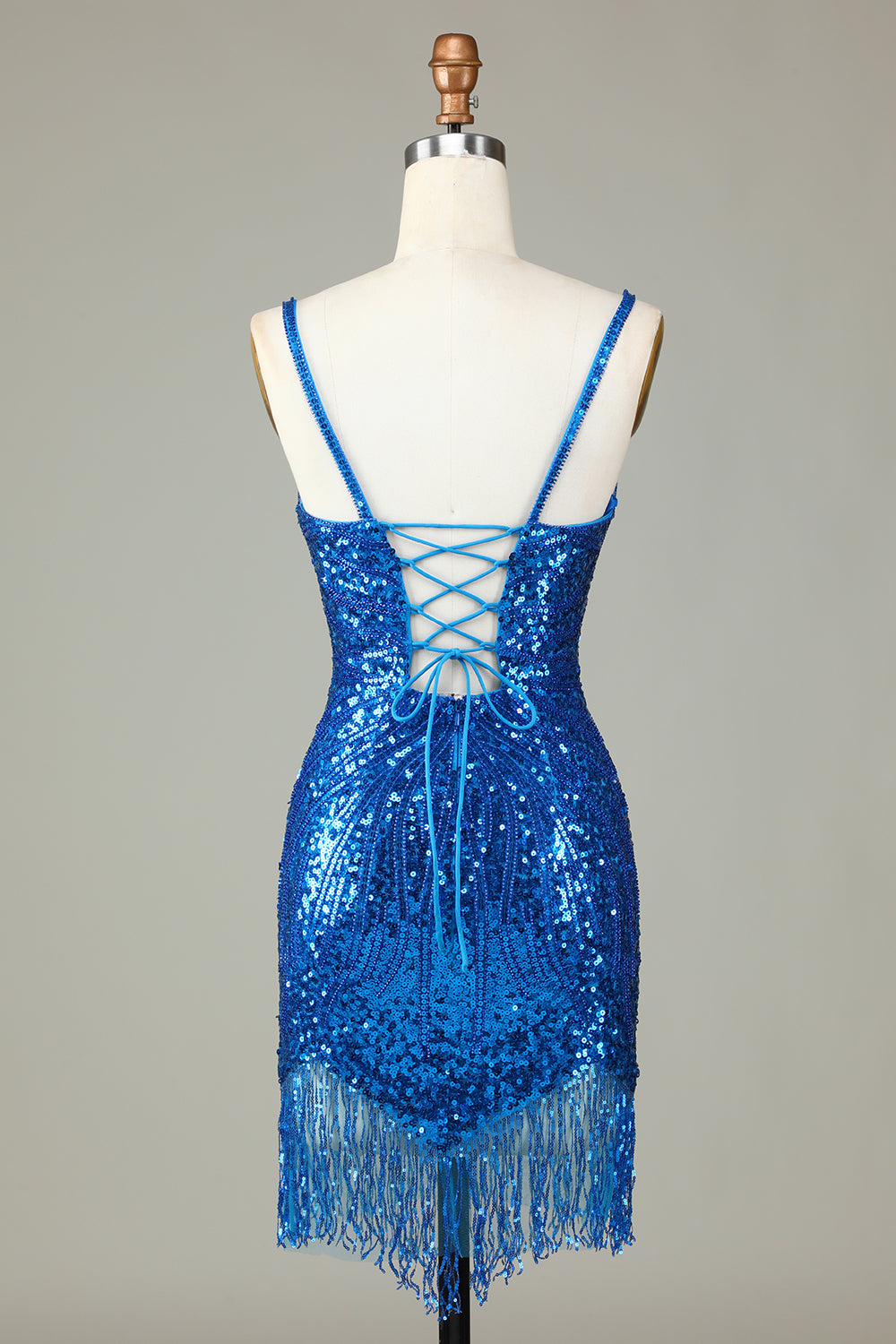 Sparkly Bodycon Spaghetti Straps Blå paljetter Kort Homecoming Klänning med tofs