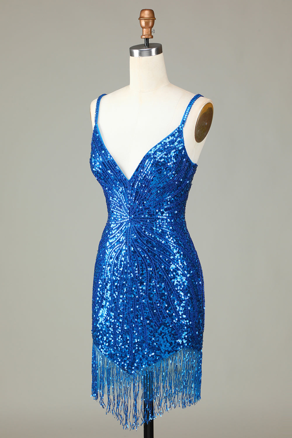 Sparkly Bodycon Spaghetti Straps Blå paljetter Kort Homecoming Klänning med tofs
