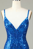 Sparkly Bodycon Spaghetti Straps Blå paljetter Kort Homecoming Klänning med tofs