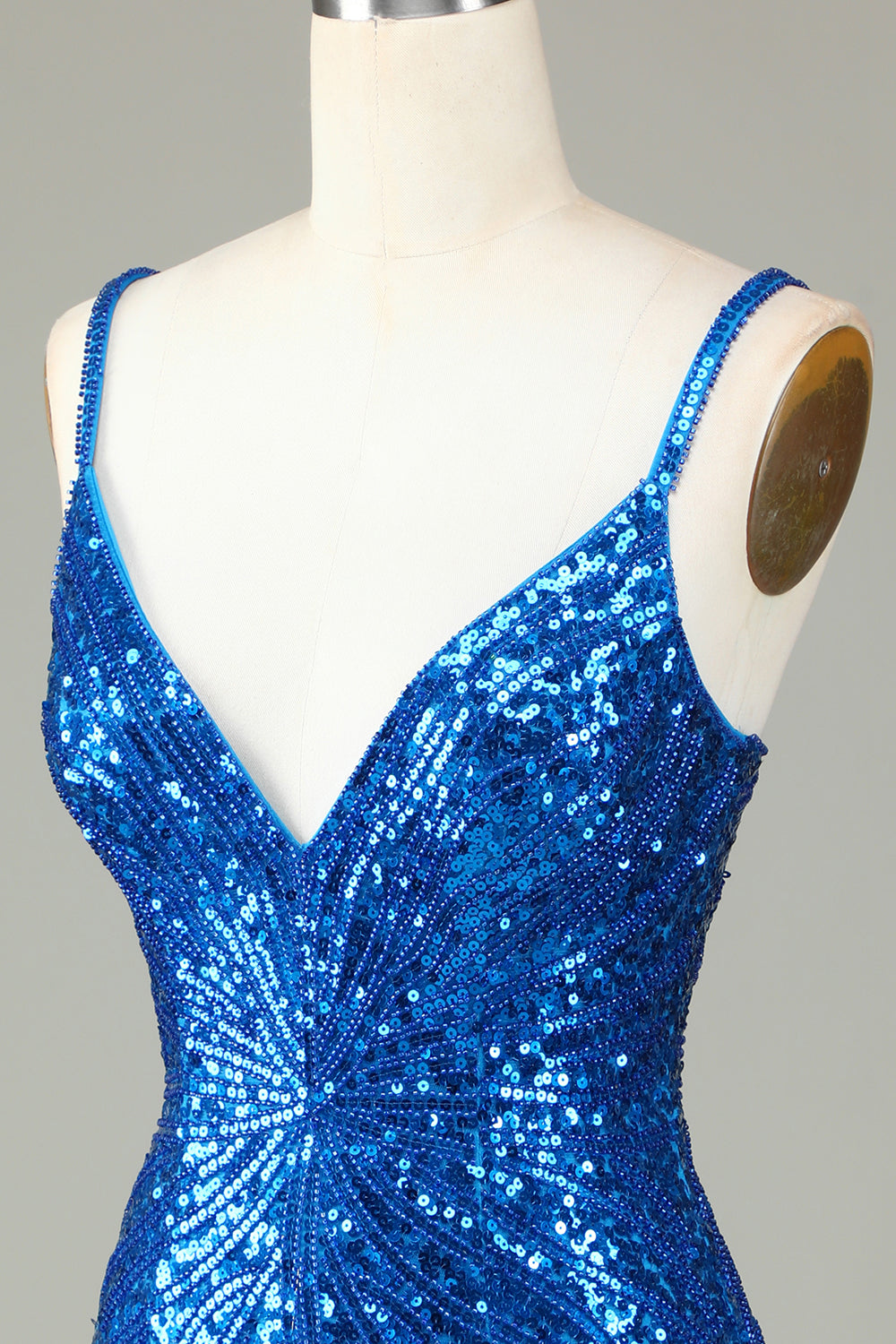 Sparkly Bodycon Spaghetti Straps Blå paljetter Kort Homecoming Klänning med tofs