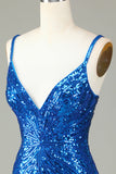 Sparkly Bodycon Spaghetti Straps Blå paljetter Kort Homecoming Klänning med tofs