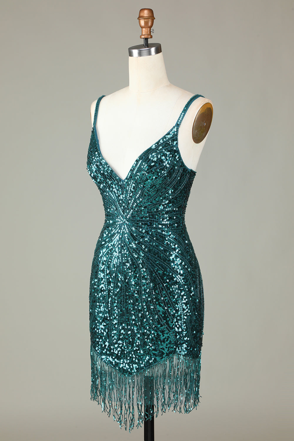 Sparkly Bodycon Spaghetti Straps Blå paljetter Kort Homecoming Klänning med tofs