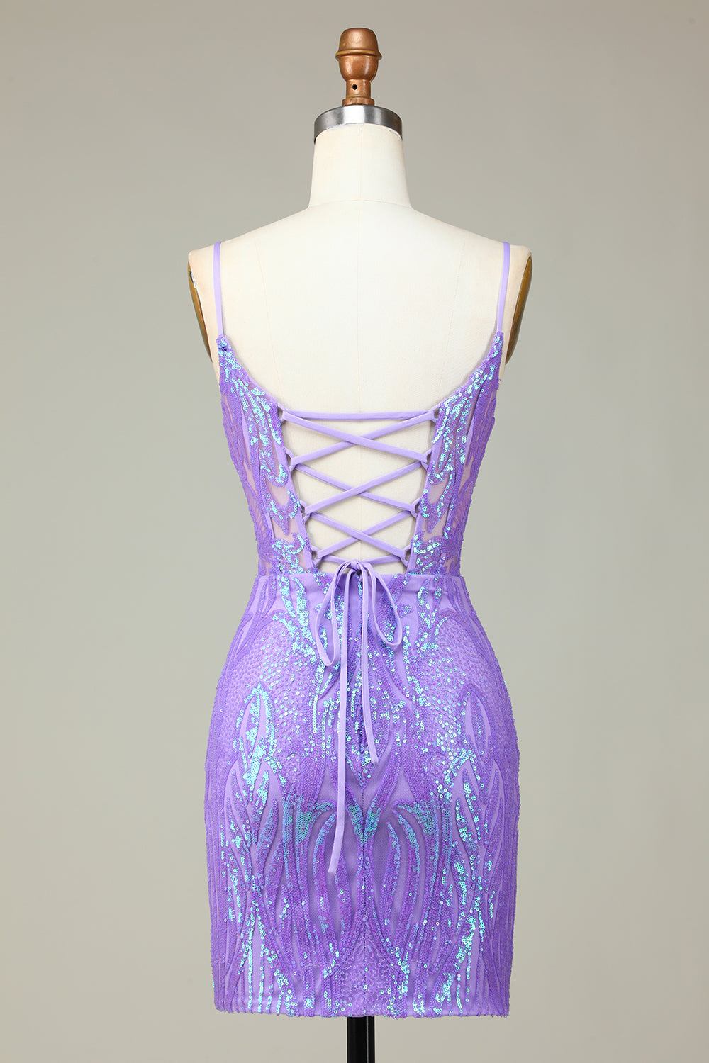 Snygg Bodycon Spaghettiband Lila Paljetter Korsett Homecoming Klänning med Criss Cross Tillbaka