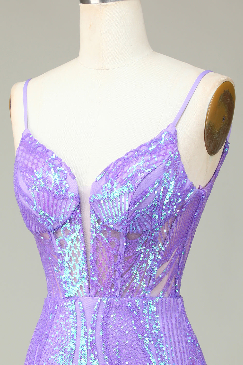 Snygg Bodycon Spaghettiband Lila Paljetter Korsett Homecoming Klänning med Criss Cross Tillbaka
