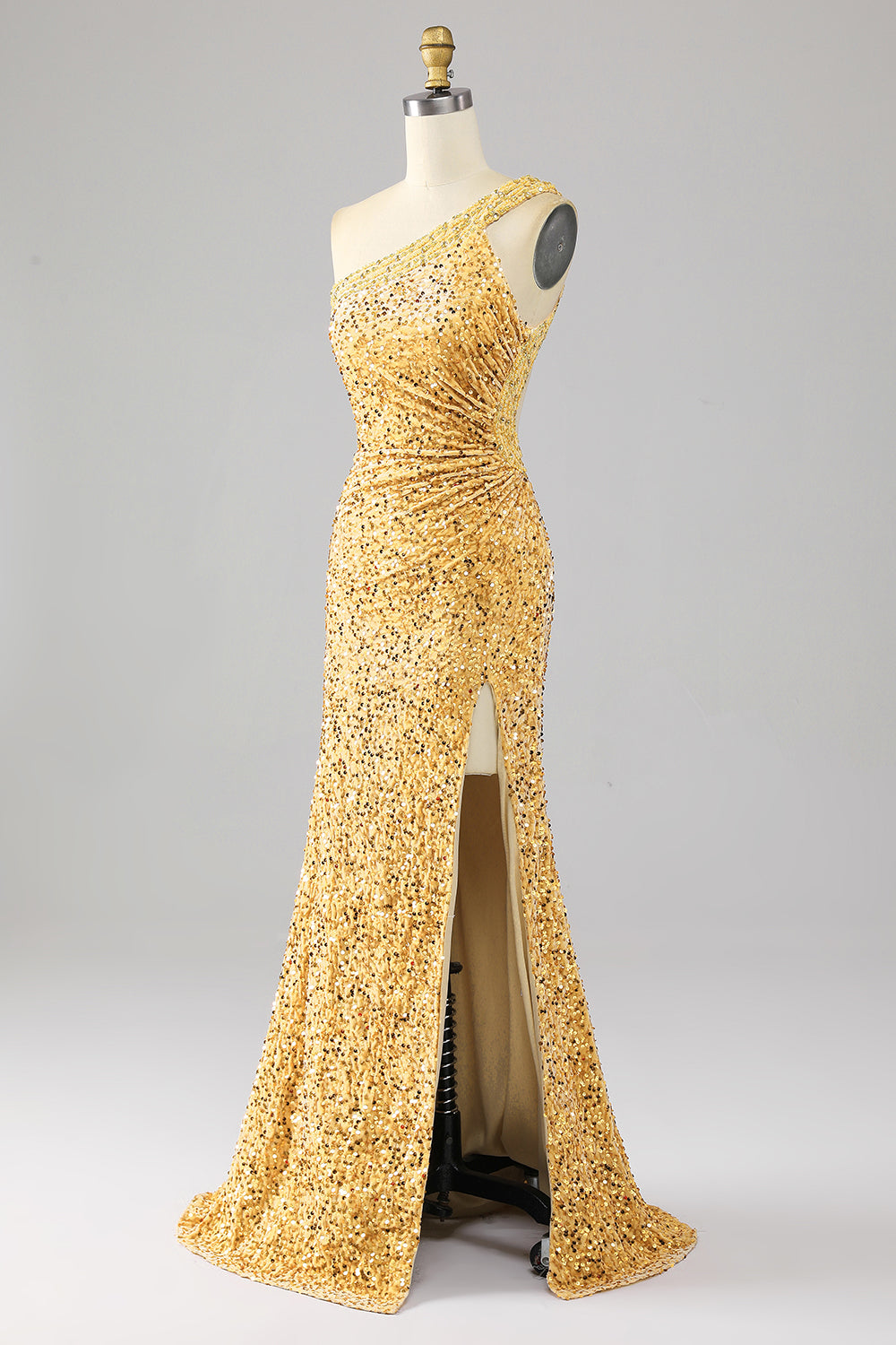 Mermaid Paljetter One Shoulder Golden Prom Klänning med slits
