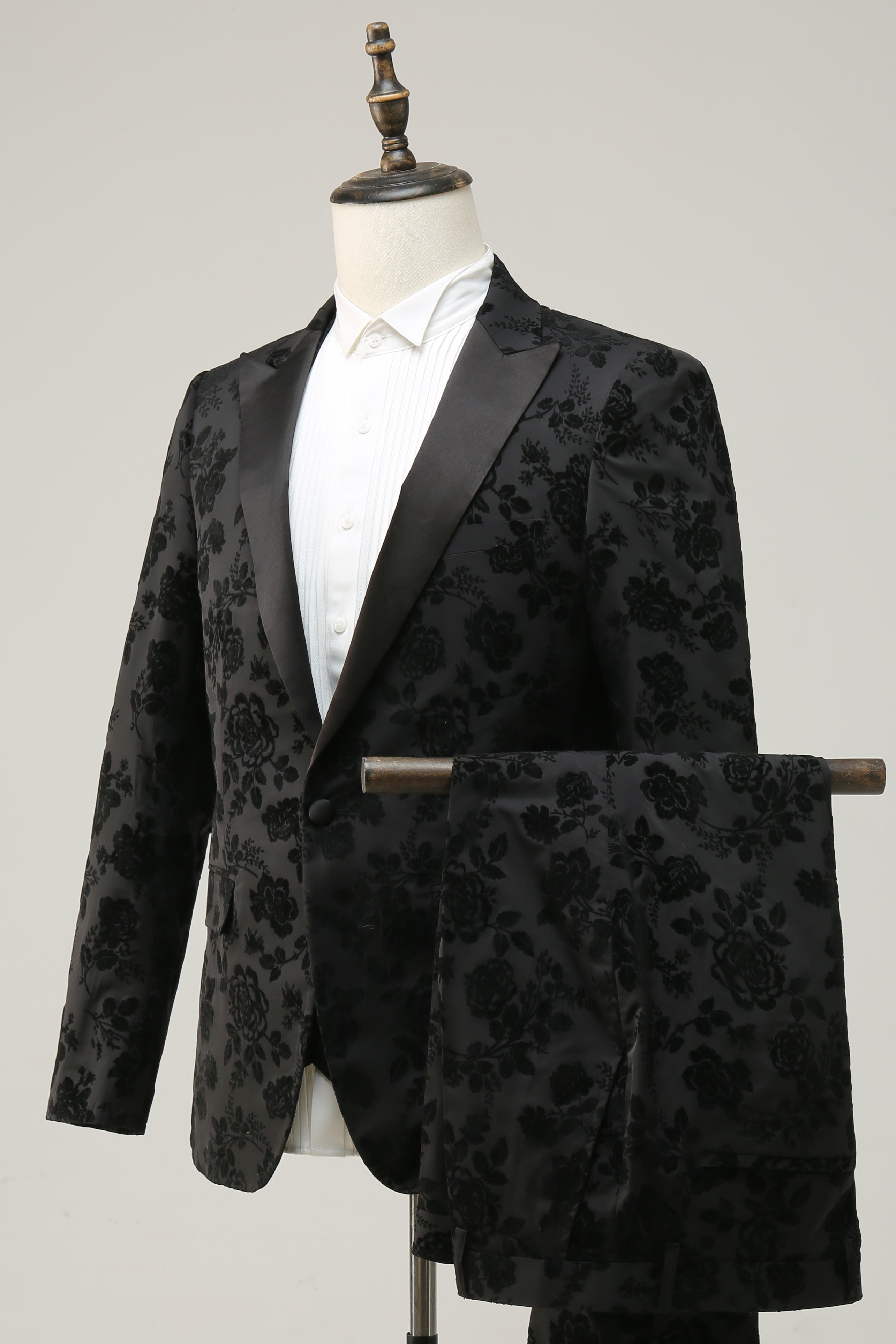 Svart Peak Lapel Jacquard 3-delad Baldräkter för män