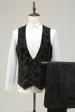 Svart Peak Lapel Jacquard 3-delad Baldräkter för män
