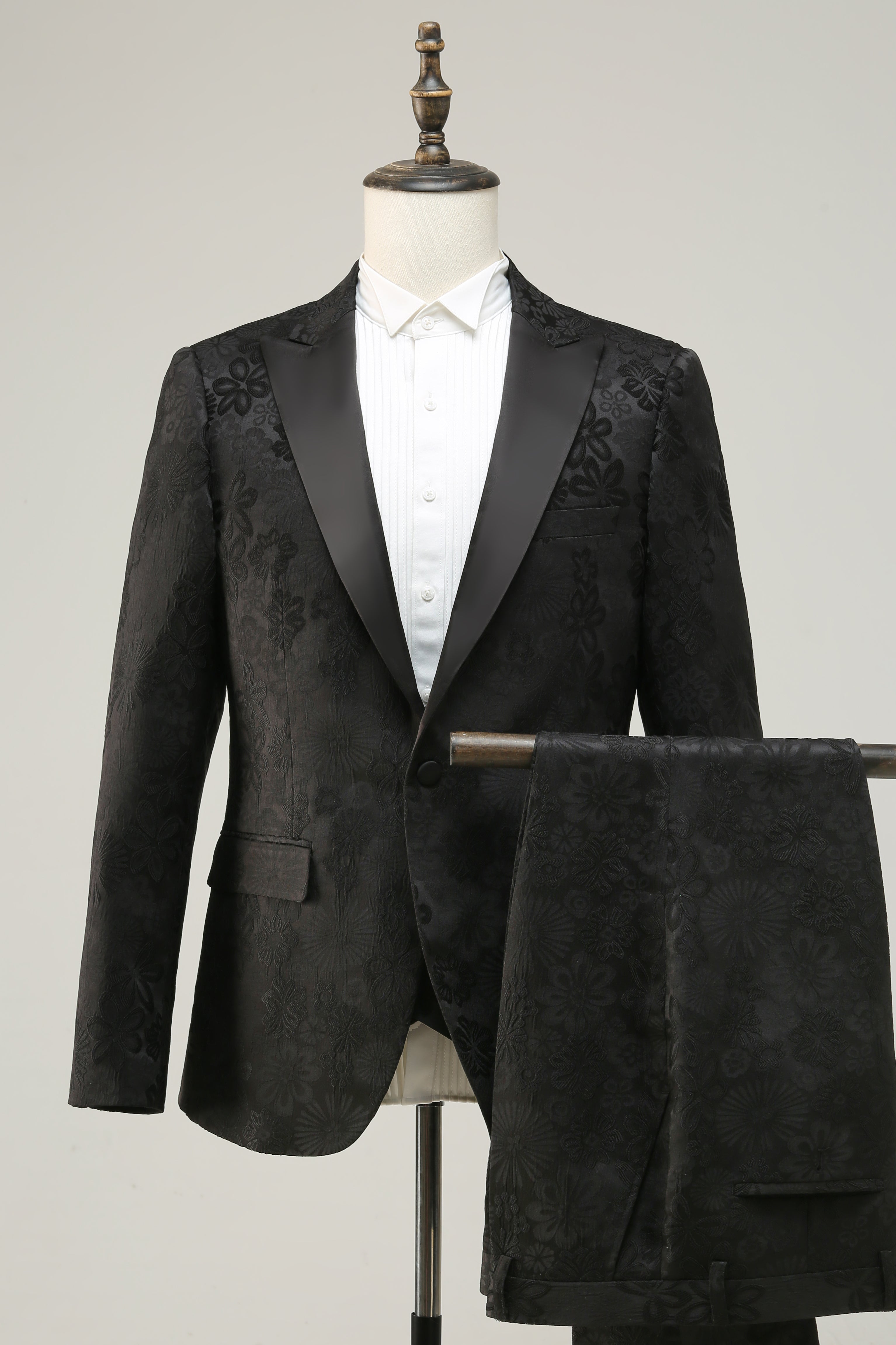 Svart Peak Lapel Jacquard 2-delad Baldräkter För Män