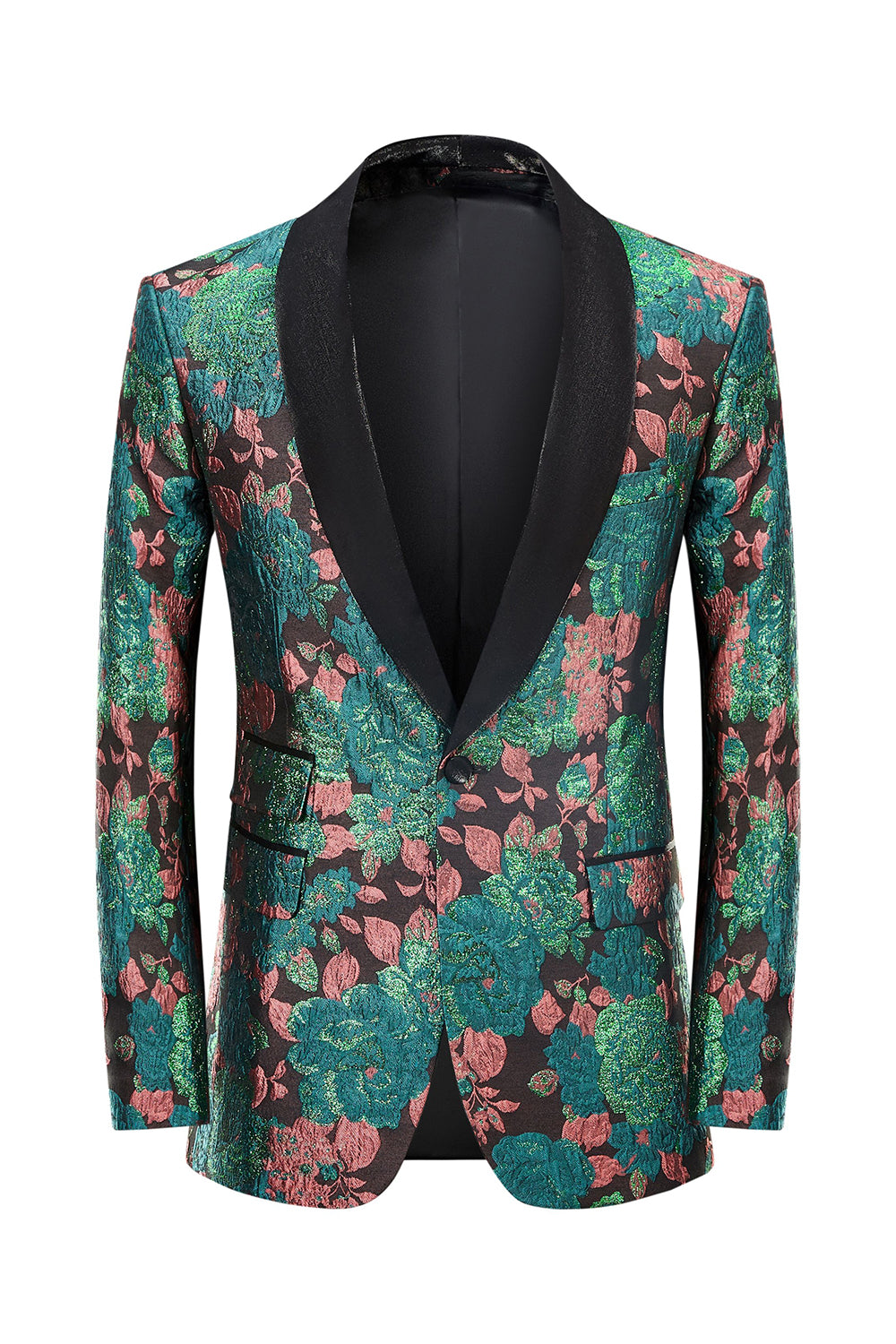 Grön Sjal Lapel Jacquard Blommönster Mäns Hemkomst Jacka Blazer