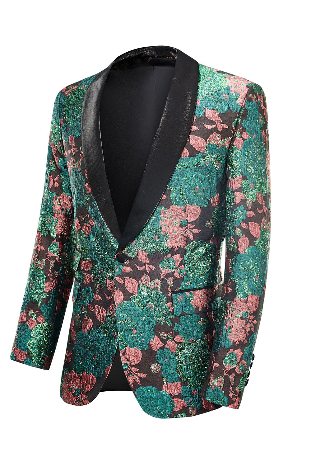 Grön Sjal Lapel Jacquard Blommönster Mäns Hemkomst Jacka Blazer