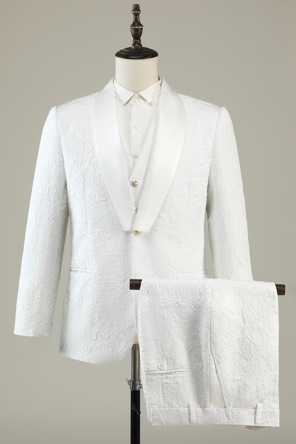 Vit Jacquard Sjal Lapel 3-Delad Baldräkter