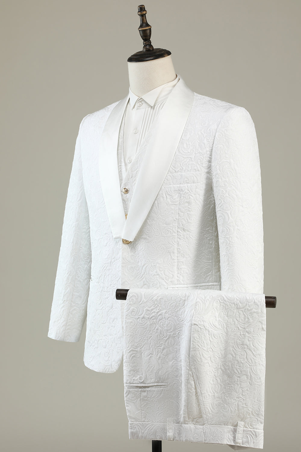 Vit Jacquard Sjal Lapel 3-Delad Baldräkter