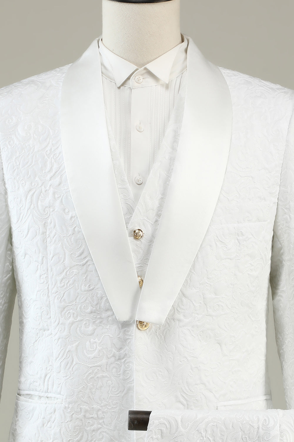 Vit Jacquard Sjal Lapel 3-Delad Baldräkter