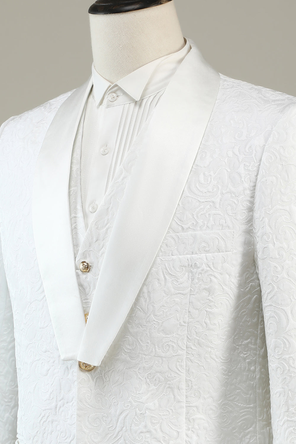 Vit Jacquard Sjal Lapel 3-Delad Baldräkter