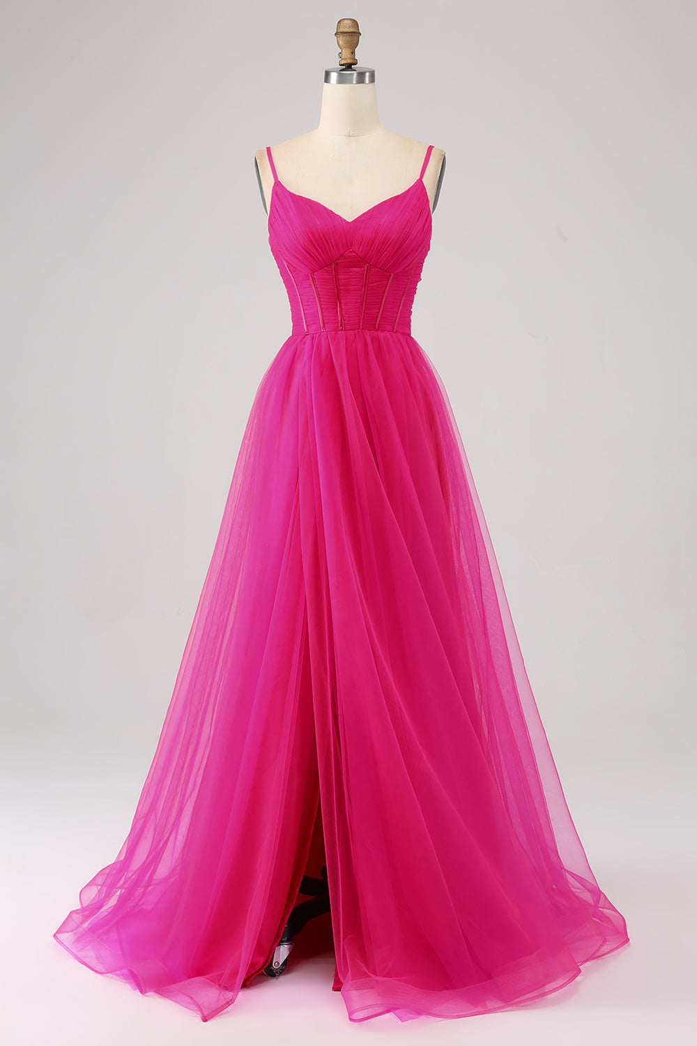 Fuchsia A-linje Spaghetti Remmar Lång Korsett Balklänning med Slits