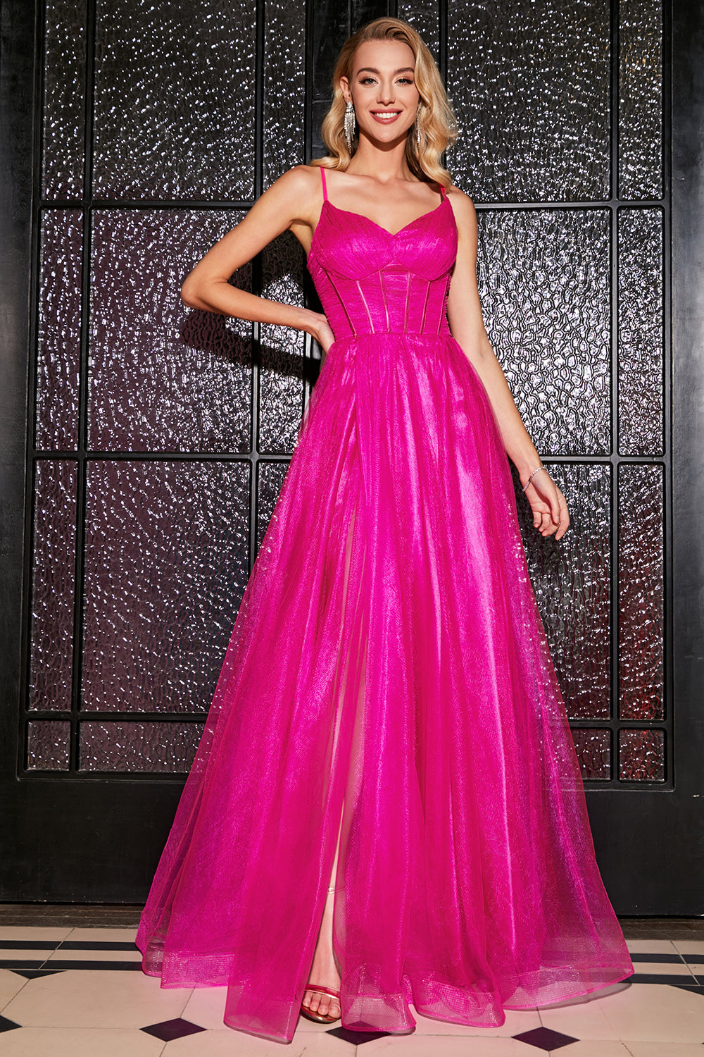 Hot Pink A-linje Spaghetti Straps Lång Korsett Balklänning med slits