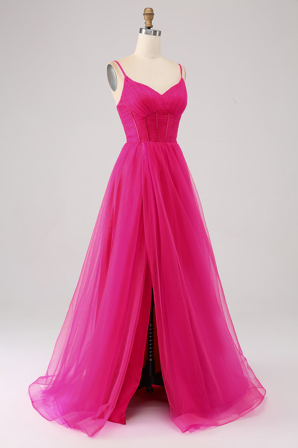 Fuchsia A-linje Spaghetti Remmar Lång Korsett Balklänning med Slits