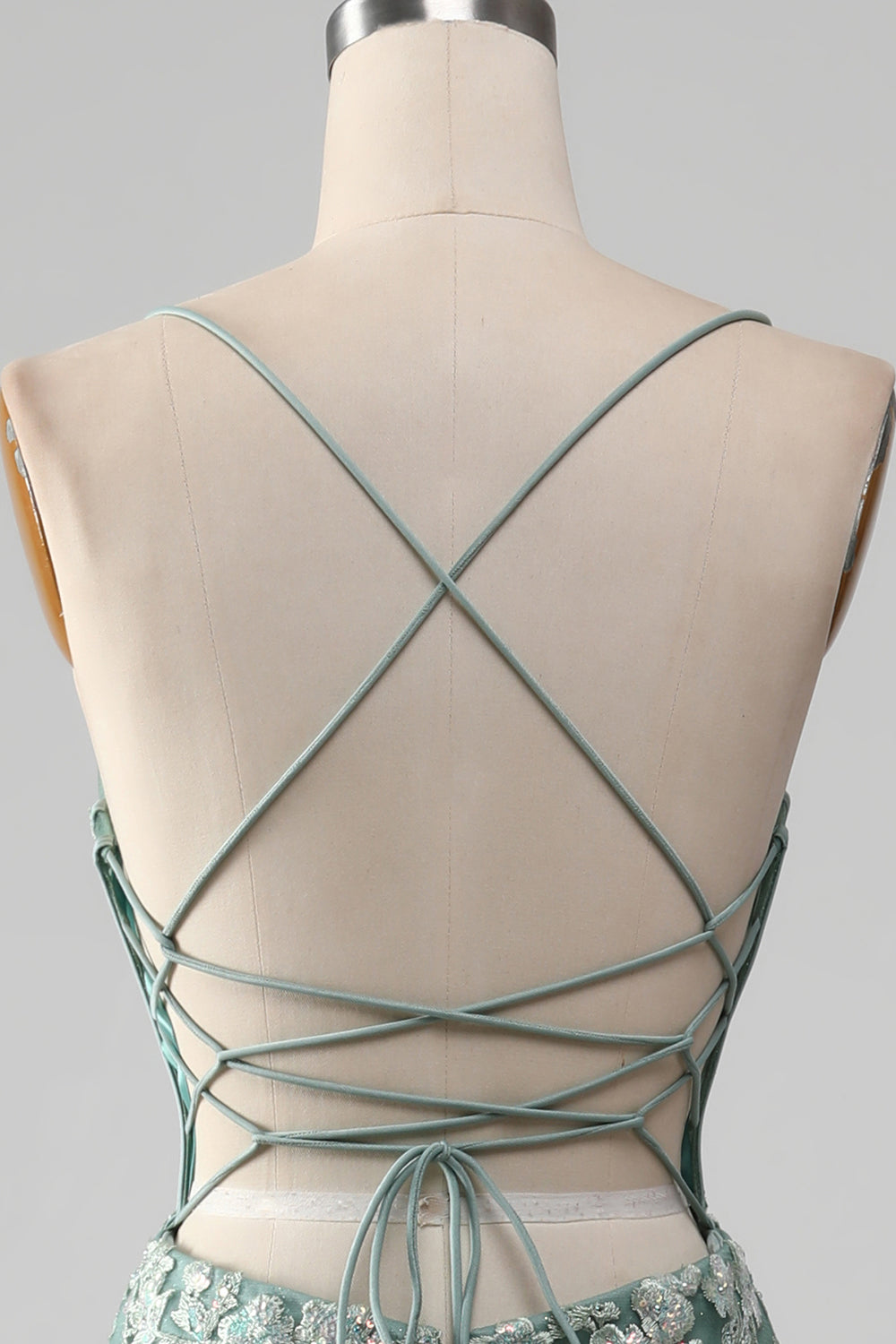 Sjöjungfru Snörning Tillbaka Ljusgrön Balklänning med Applikationer