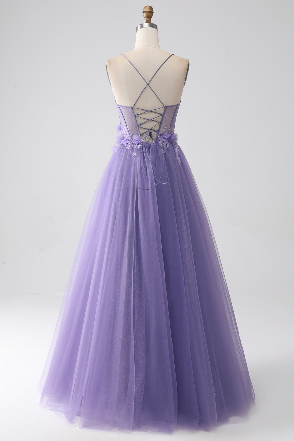 Lila A-linje Spaghetti Straps Korsett Balklänning med 3D-blommor