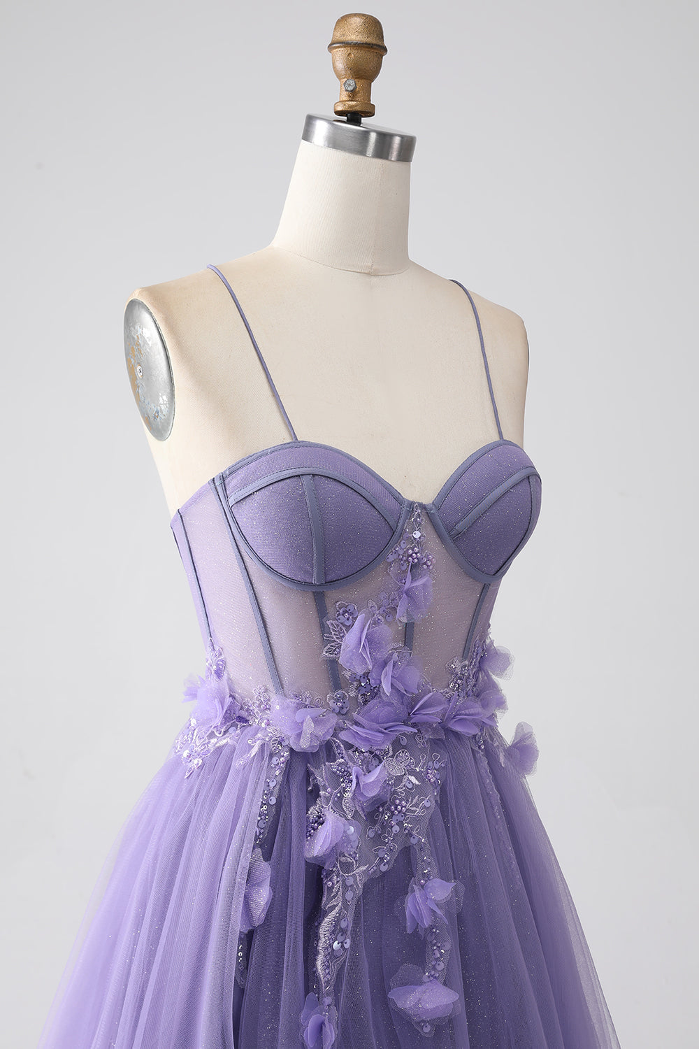 Lila A-linje Spaghetti Straps Korsett Balklänning med 3D-blommor