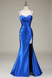Royal Blue Spaghetti Straps Mermaid Lång Balklänning Med Slits