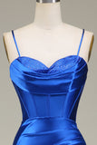 Royal Blue Spaghetti Straps Mermaid Lång Balklänning Med Slits