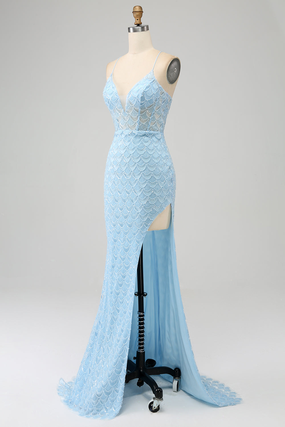 Glitter Himmelsblå Spaghetti Straps Mermaid Balklänning med slits