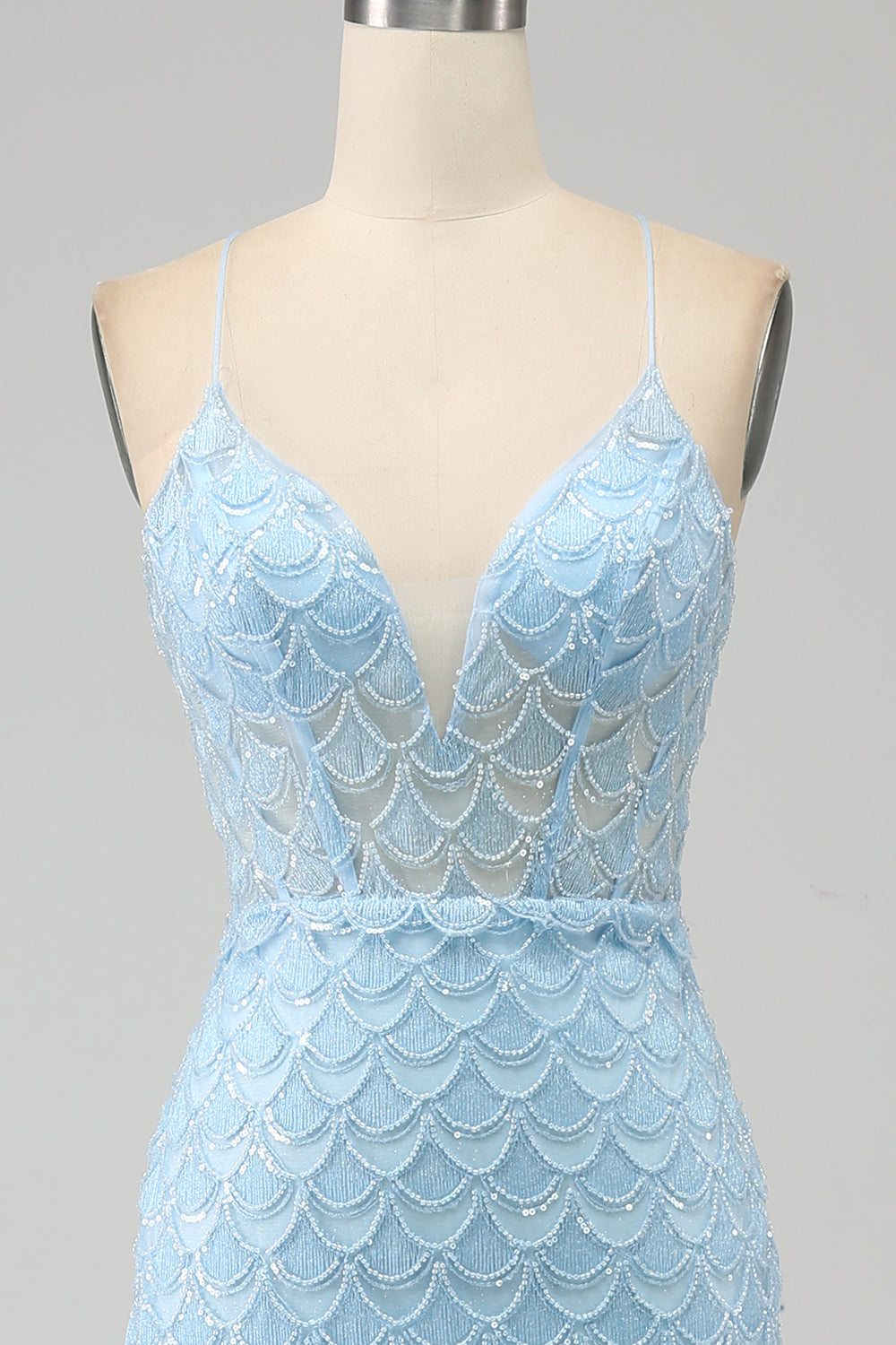 Glitter Himmelsblå Spaghetti Straps Mermaid Balklänning med slits