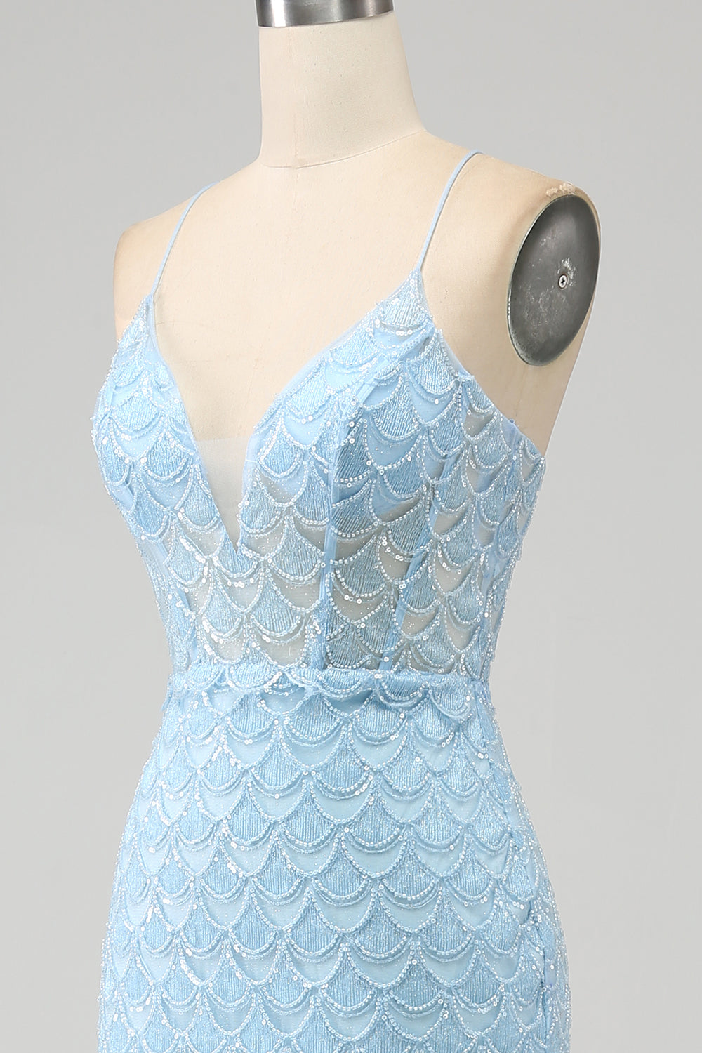 Glitter Himmelsblå Spaghetti Straps Mermaid Balklänning med slits