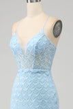 Glitter Himmelsblå Spaghetti Straps Mermaid Balklänning med slits