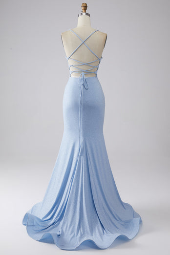 Ljusblå glittrande sjöjungfru balklänning med slits