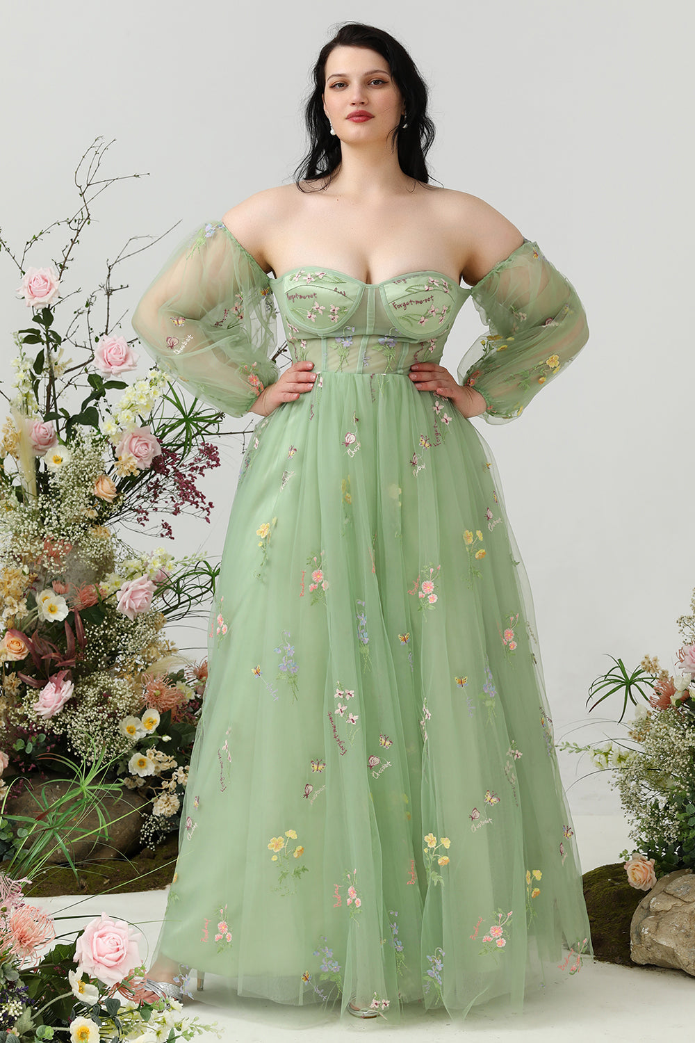 Grön En Linje Från Axeln Plus Size Balklänning med Broderi