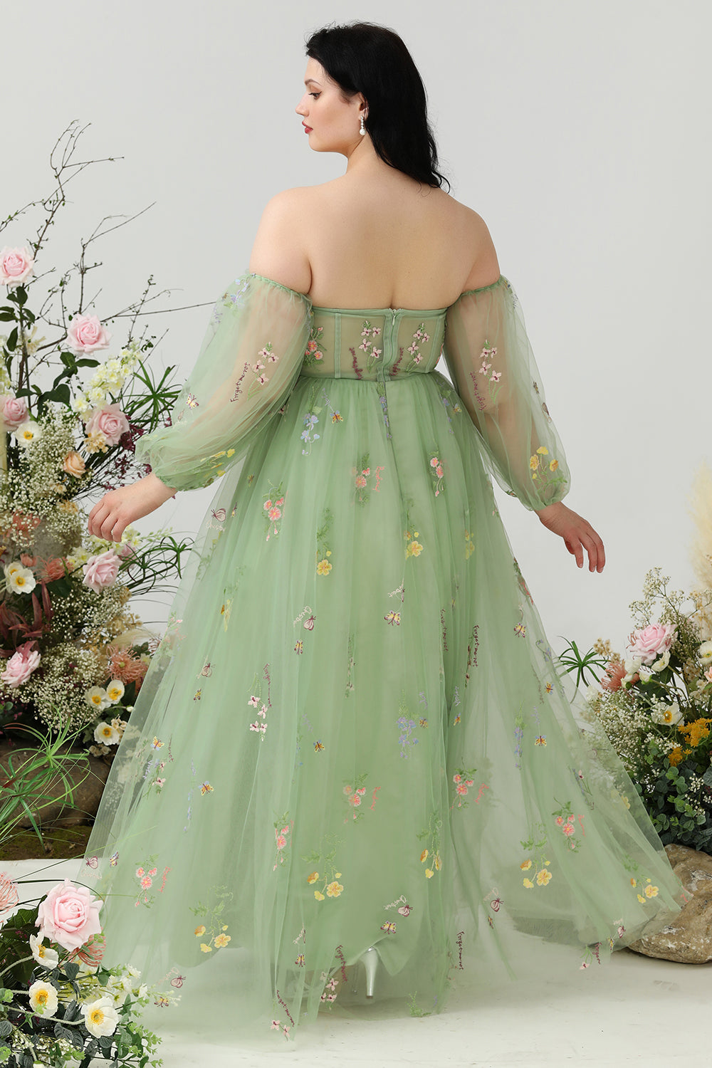 Grön En Linje Från Axeln Plus Size Balklänning med Broderi
