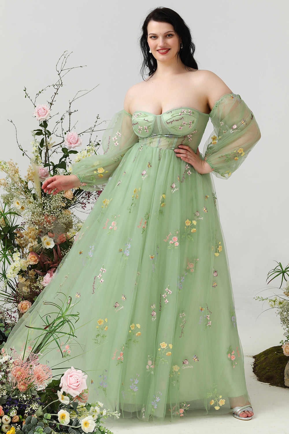 Grön En Linje Från Axeln Plus Size Balklänning med Broderi