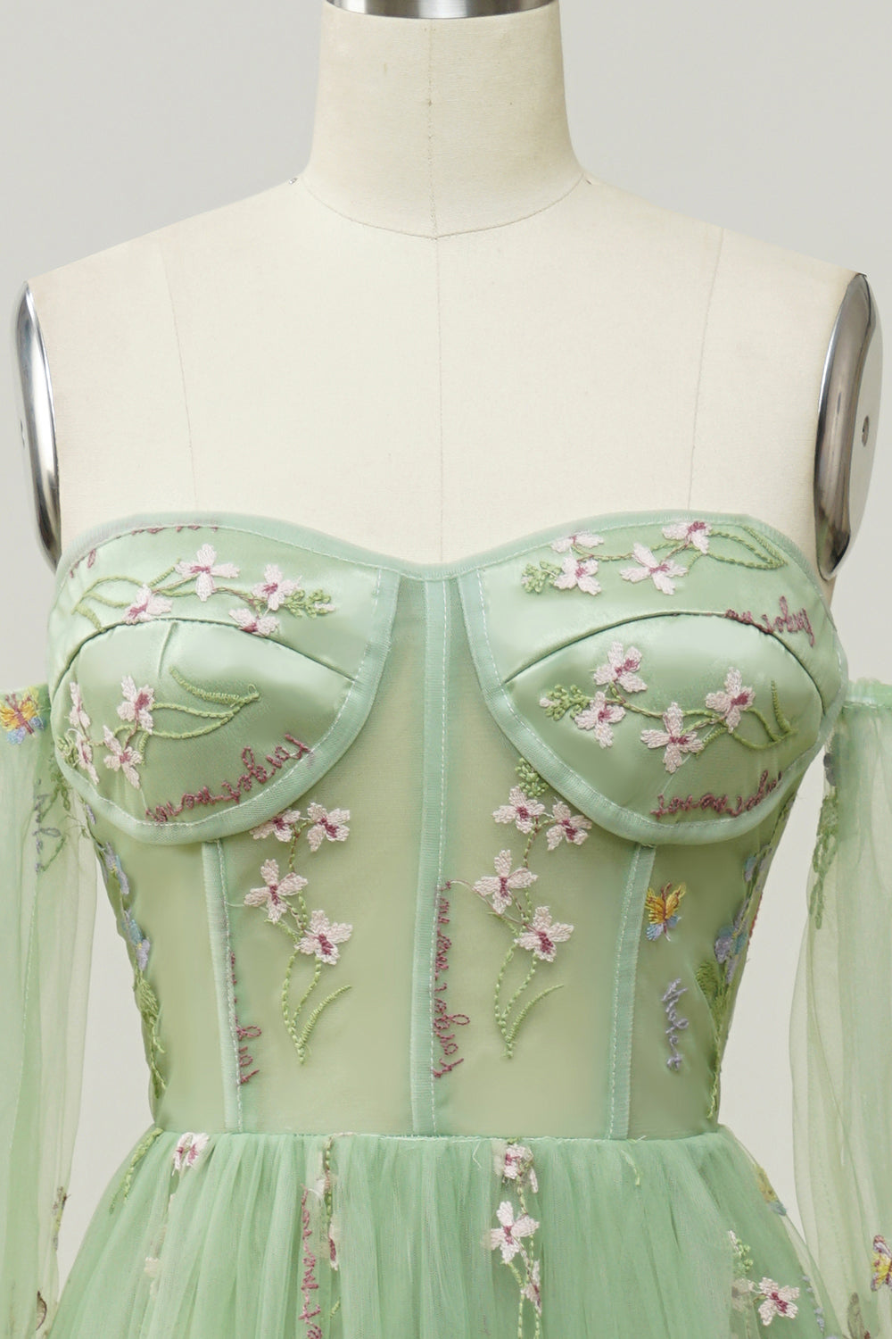 Grön Av Axeln Långa Ärmar A-linje Balklänning