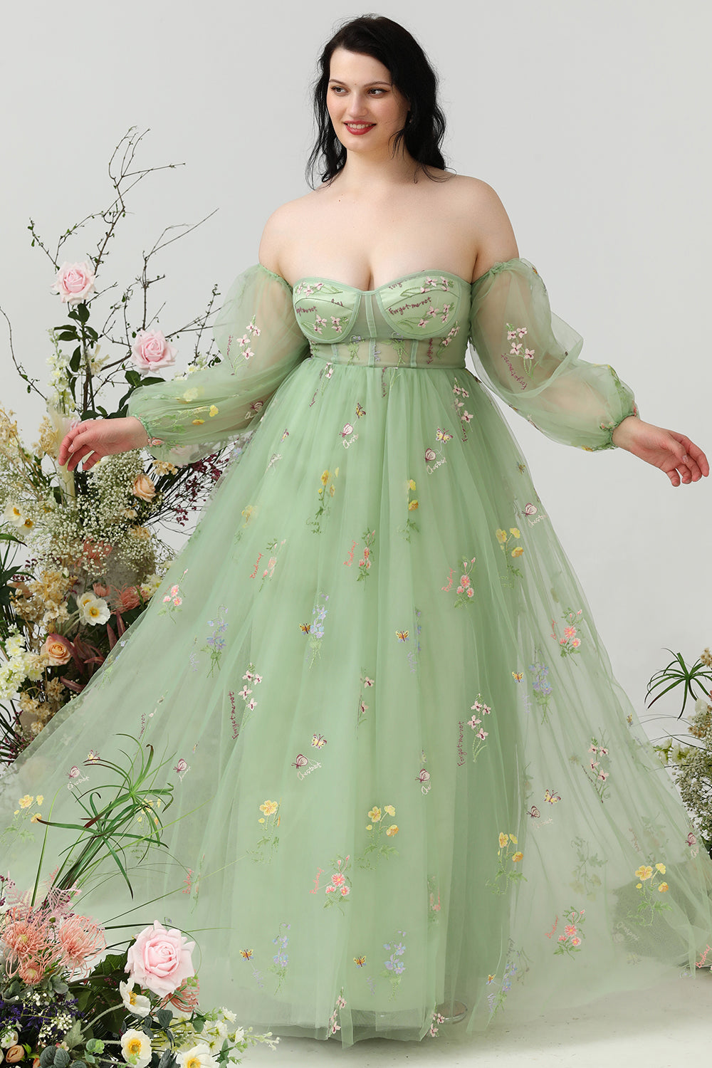 Grön En Linje Från Axeln Plus Size Balklänning med Broderi