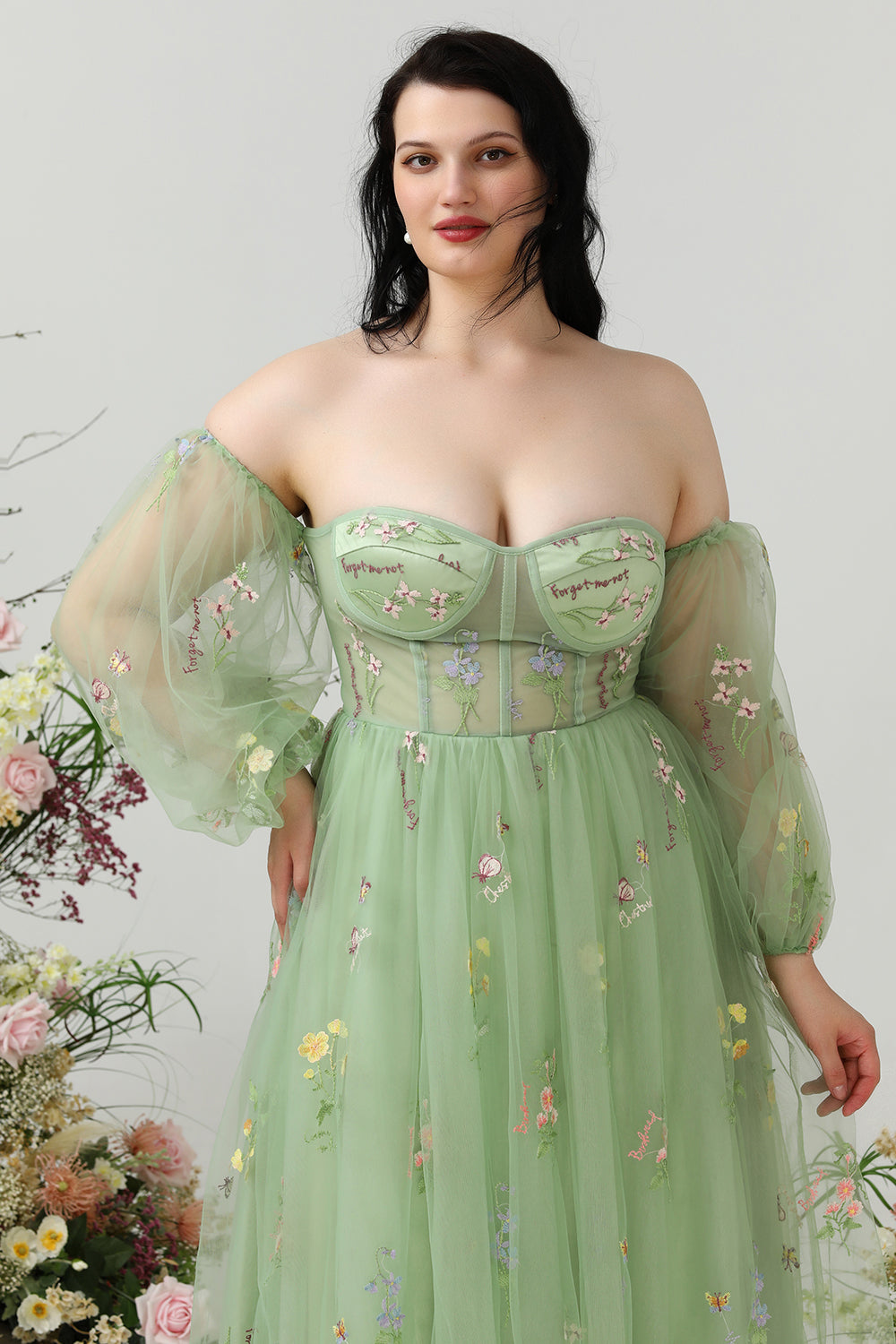 Grön En Linje Från Axeln Plus Size Balklänning med Broderi