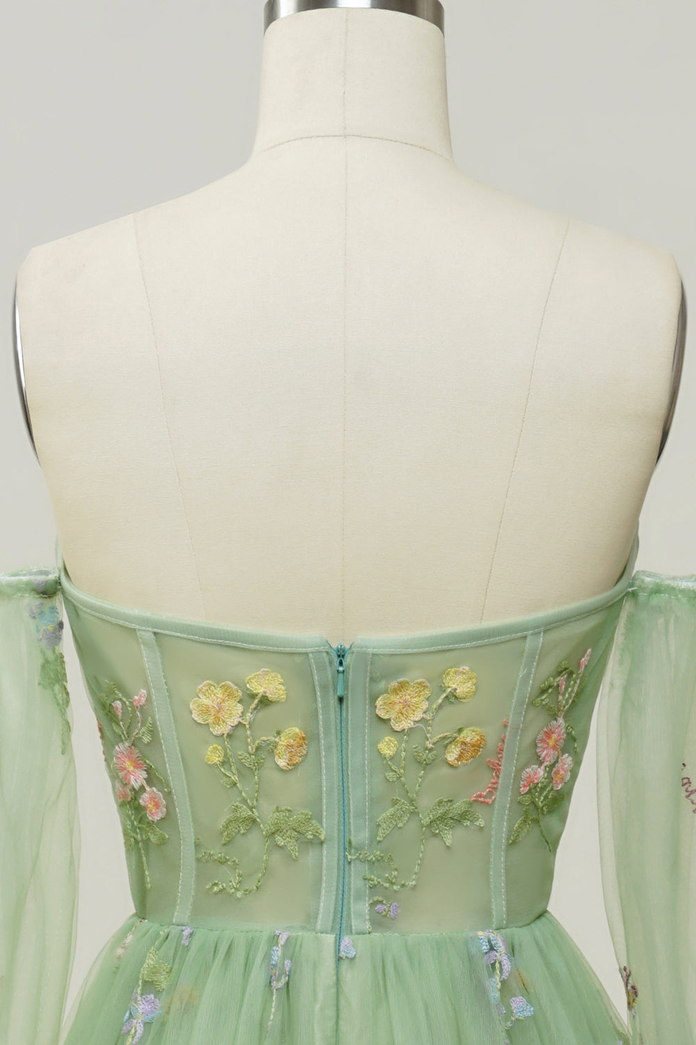 Grön Av Axeln Långa Ärmar A-linje Balklänning