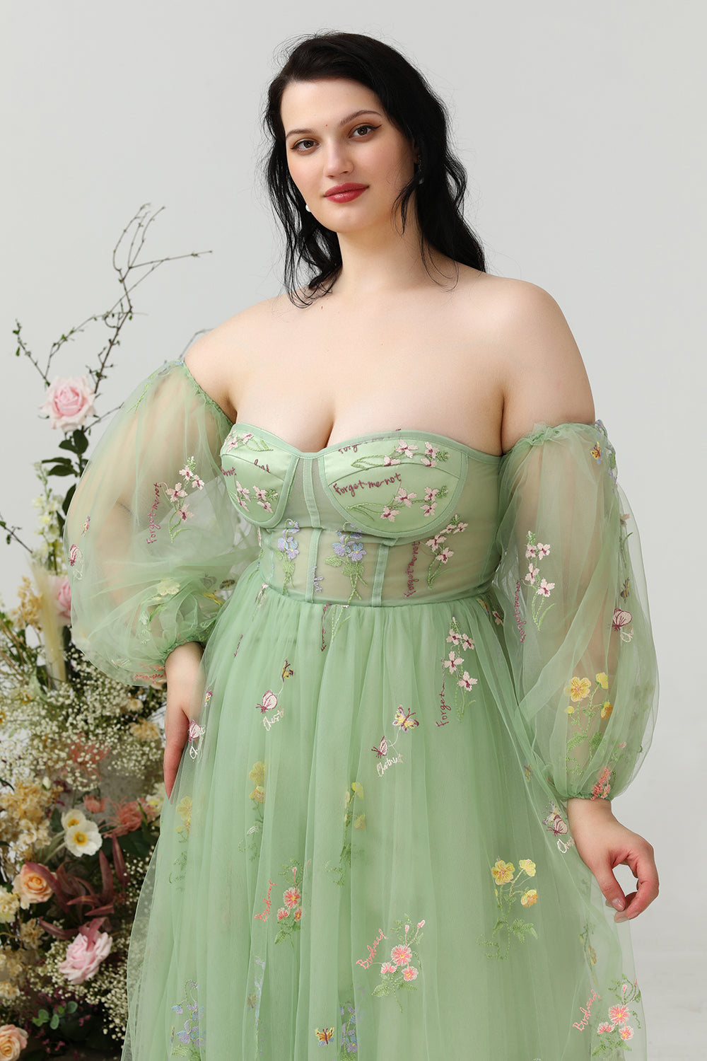 Grön En Linje Från Axeln Plus Size Balklänning med Broderi