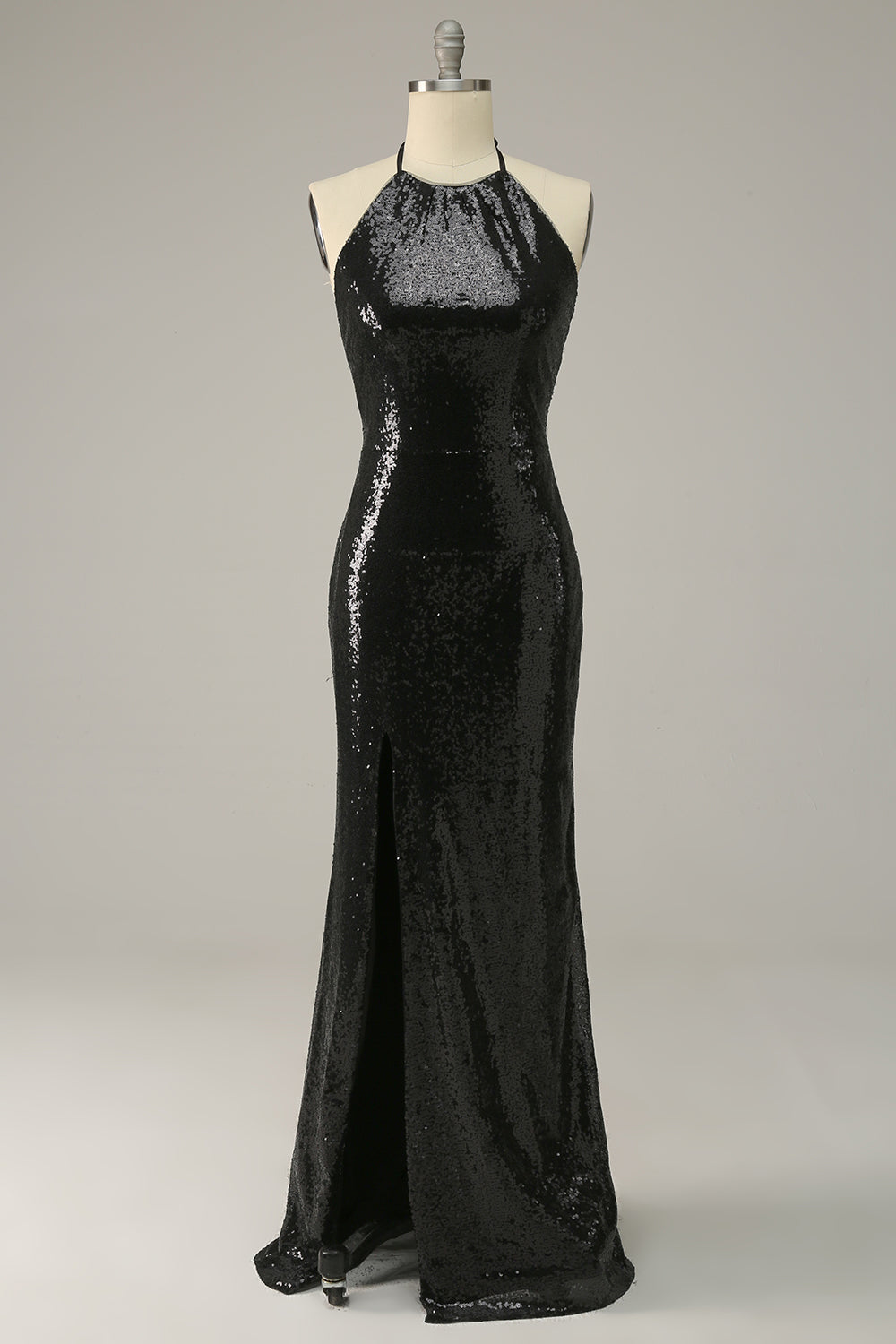 Sheath Halter Svarta paljetter Plus Size Bal Klänning med öppen rygg