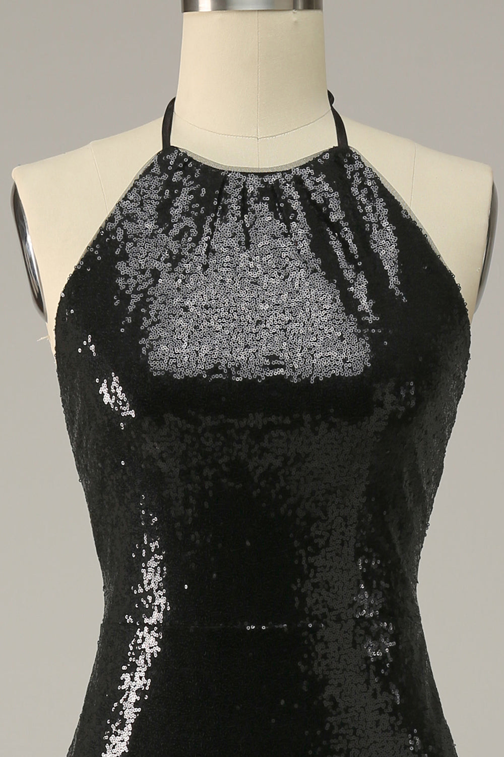 Sheath Halter Svarta paljetter Plus Size Bal Klänning med öppen rygg