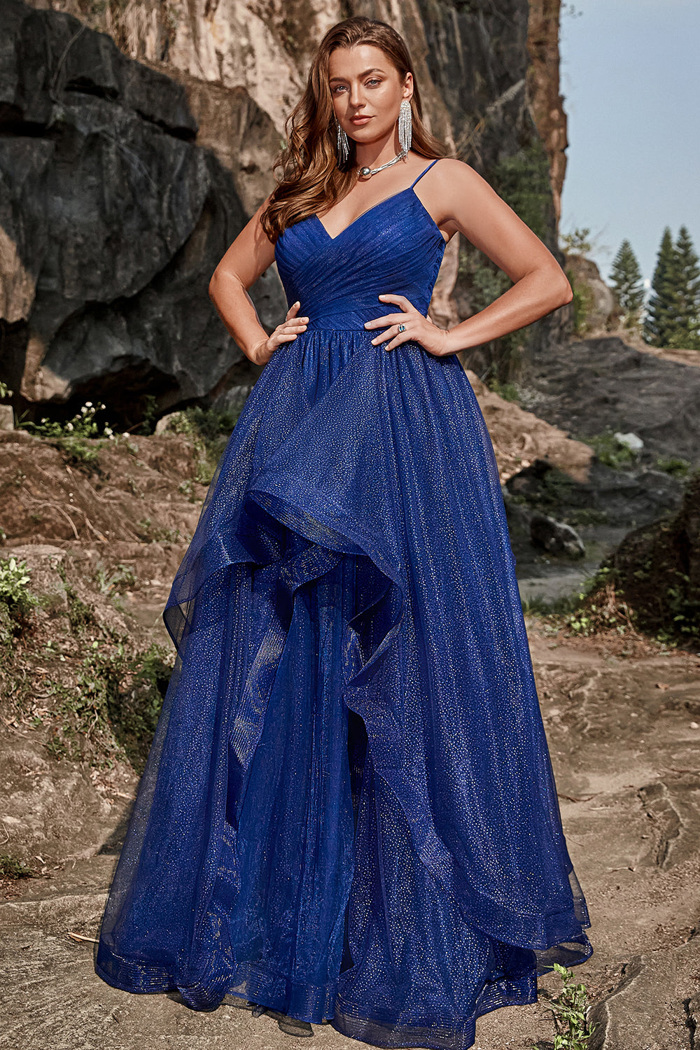 En linje spagetti remmar Navy Plus Size Balklänning